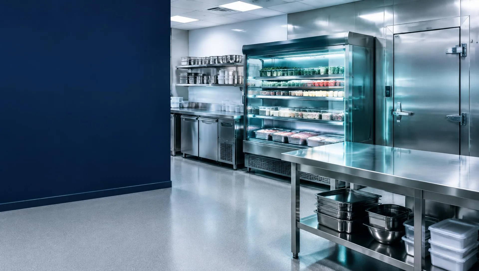 Câmara frigorífica e expositor refrigerado num espaço comercial (imagem ilustrativa)